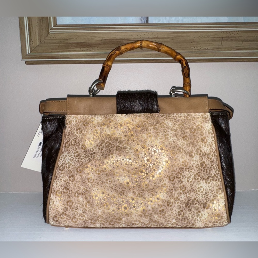 Andalossi NWT Golden Meadow Cappuccino leather calf hair bamboo crossbody bag - Picture 9 of 16